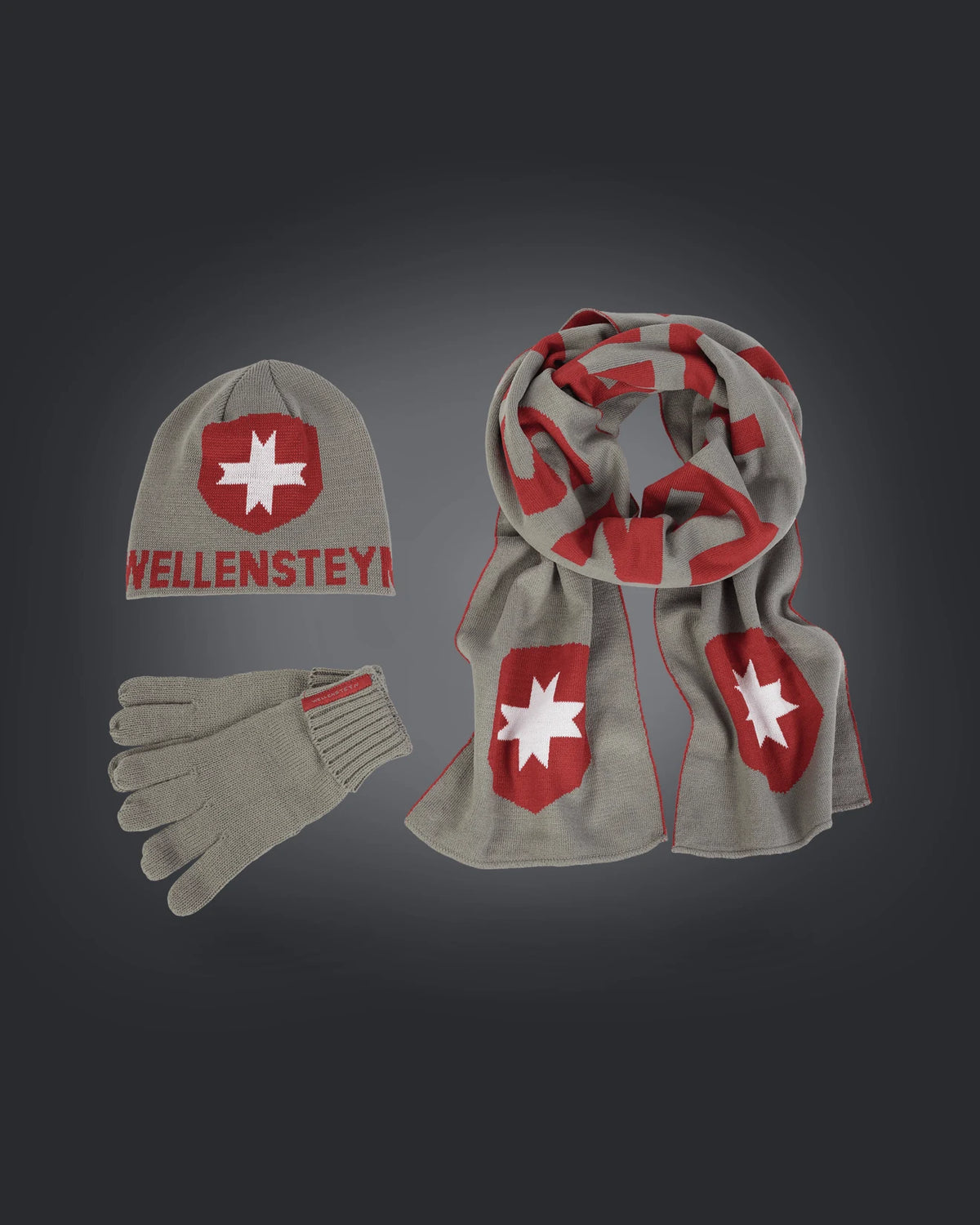 Knit Hat Scarf Glove,105,Grey/Red