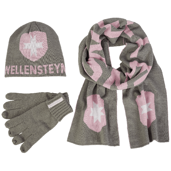 Knit Hat Scarf Glove,105,Grey/Rose