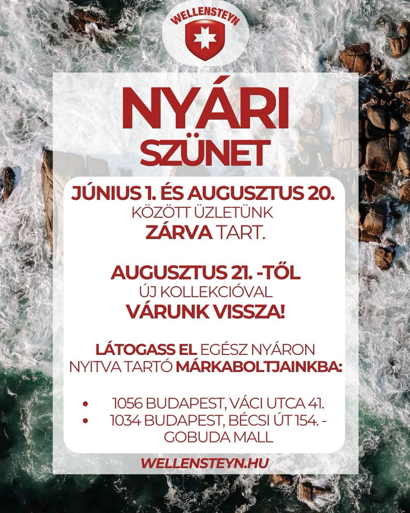 Pannónia utcai üzletünk június 1-től augusztus 20-ig zárva tart. Ez nem végleges – augusztus 21-től új kollekcióval várunk vissza!🌟 Ha addig is hiányoznánk, várunk egész nyáron nyitva tartó márkaüzleteinkben: 📍1034 Budapest, Bécsi út 154. - GOBUDA MALL 📍1056 Budapest, Váci utca 41/A